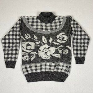 Vintage Made in USA 80s Jamnits Floral Roses Black White Checkered Knit Sweater